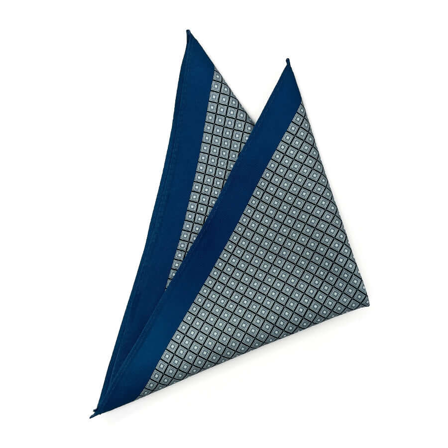 Piccadilly Pop pocket square with a blue and grey grid pattern.