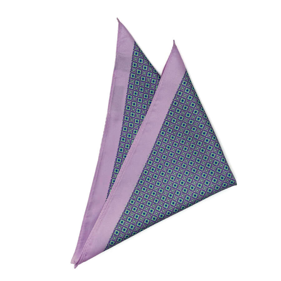 Piccadilly Pop pocket square with a vibrant purple and green geometric pattern.