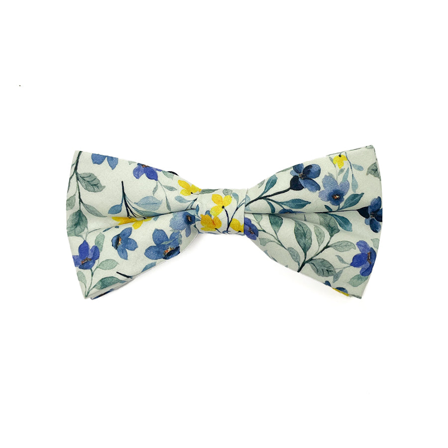 Blue Blossoms Men's Bow Tie featuring a blue and yellow floral design in premium cotton.