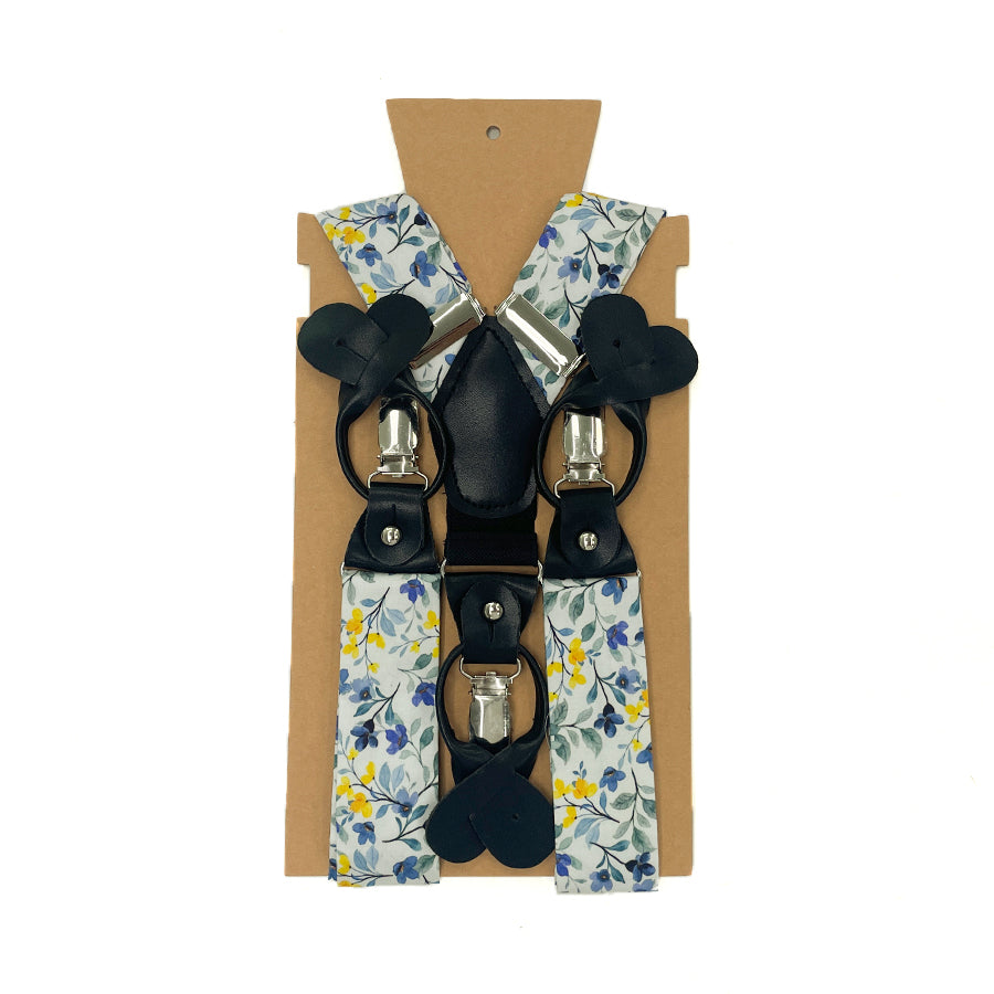 Blue Blossoms men's suspenders made of premium cotton and leather.