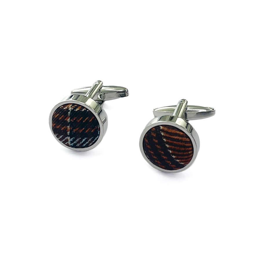 Cufflinks with a classic brown plaid pattern.