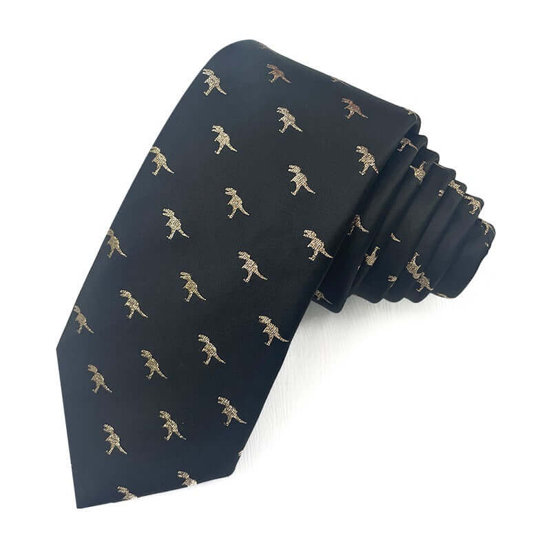 The Dino Classic Polyester Tie featuring gold dinosaur motifs on a black background, perfect for stylish statements.