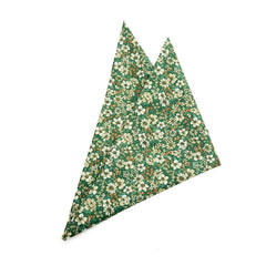 Elmwood Bloom Pocket Square with green base and floral patterns, a perfect accessory for blazers and suits.