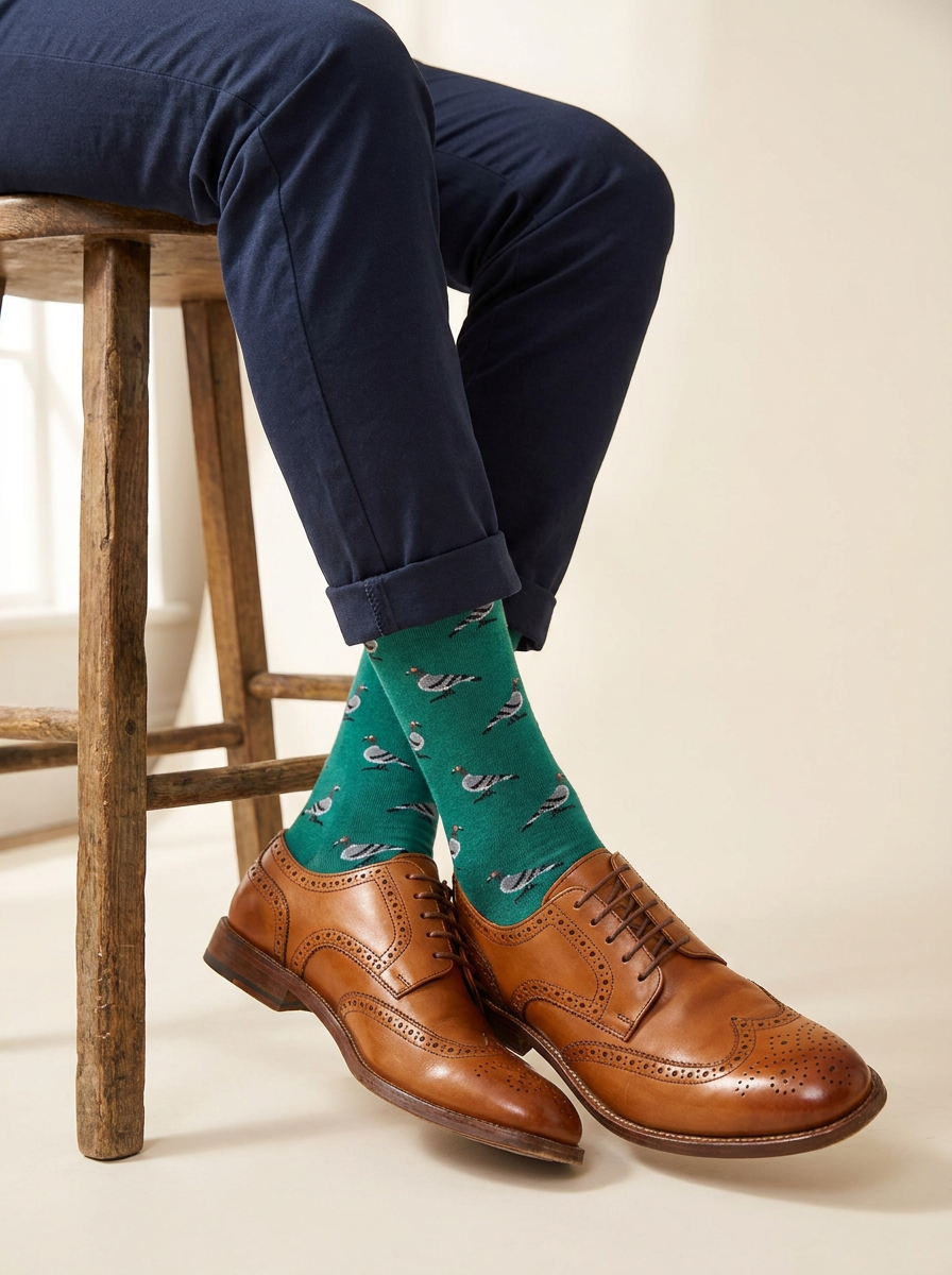 City Pigeon Organic Cotton Socks worn with cuffed navy chinos and tan brogues