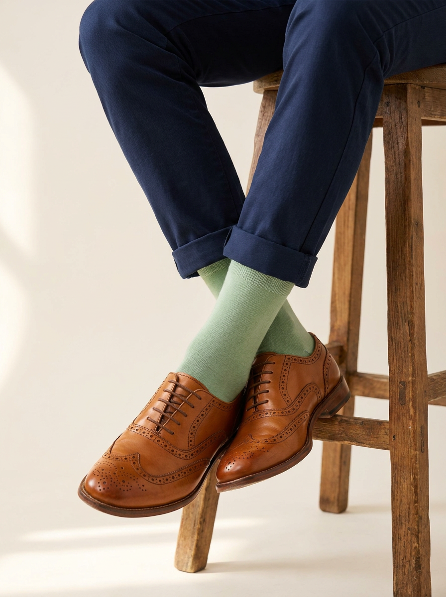 Sage Green Organic Cotton Socks worn with cuffed navy chinos and tan brogues