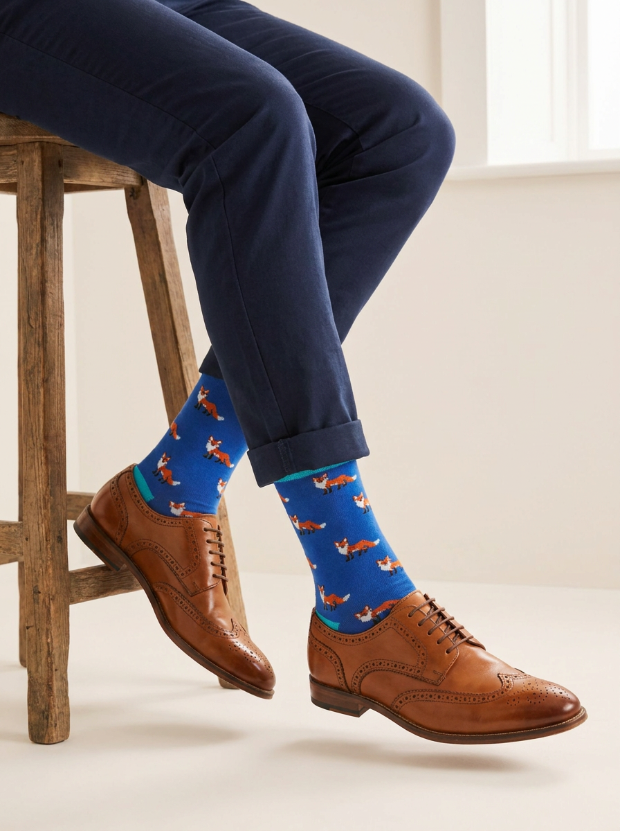 Fox Trail Organic Cotton Socks worn with cuffed navy chinos and tan brogues