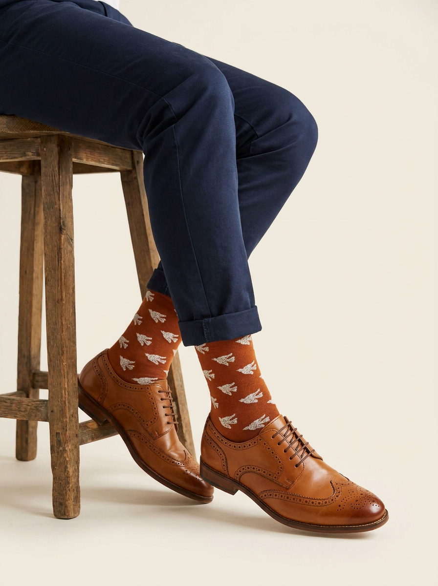 Flight Path Organic Cotton Socks worn with cuffed navy chinos and tan brogues