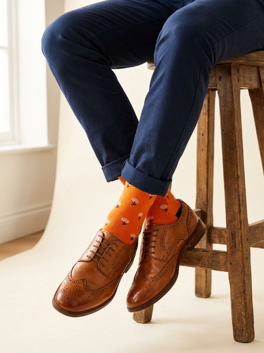 Sunset Bloom Organic Cotton Socks worn with cuffed navy chinos and tan brogues