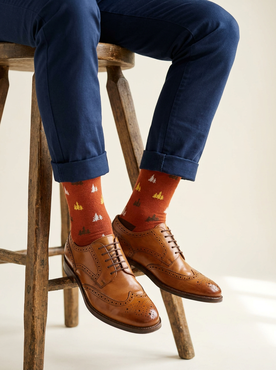 Rustic Forest Organic Cotton Socks worn with cuffed navy chinos and tan brogues