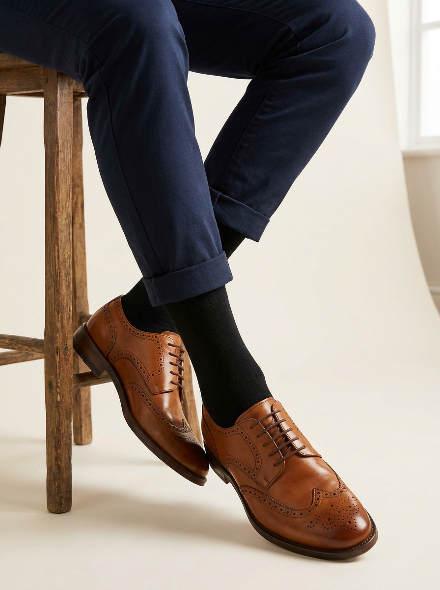 Classic Black Organic Cotton Socks worn with cuffed navy chinos and tan brogues
