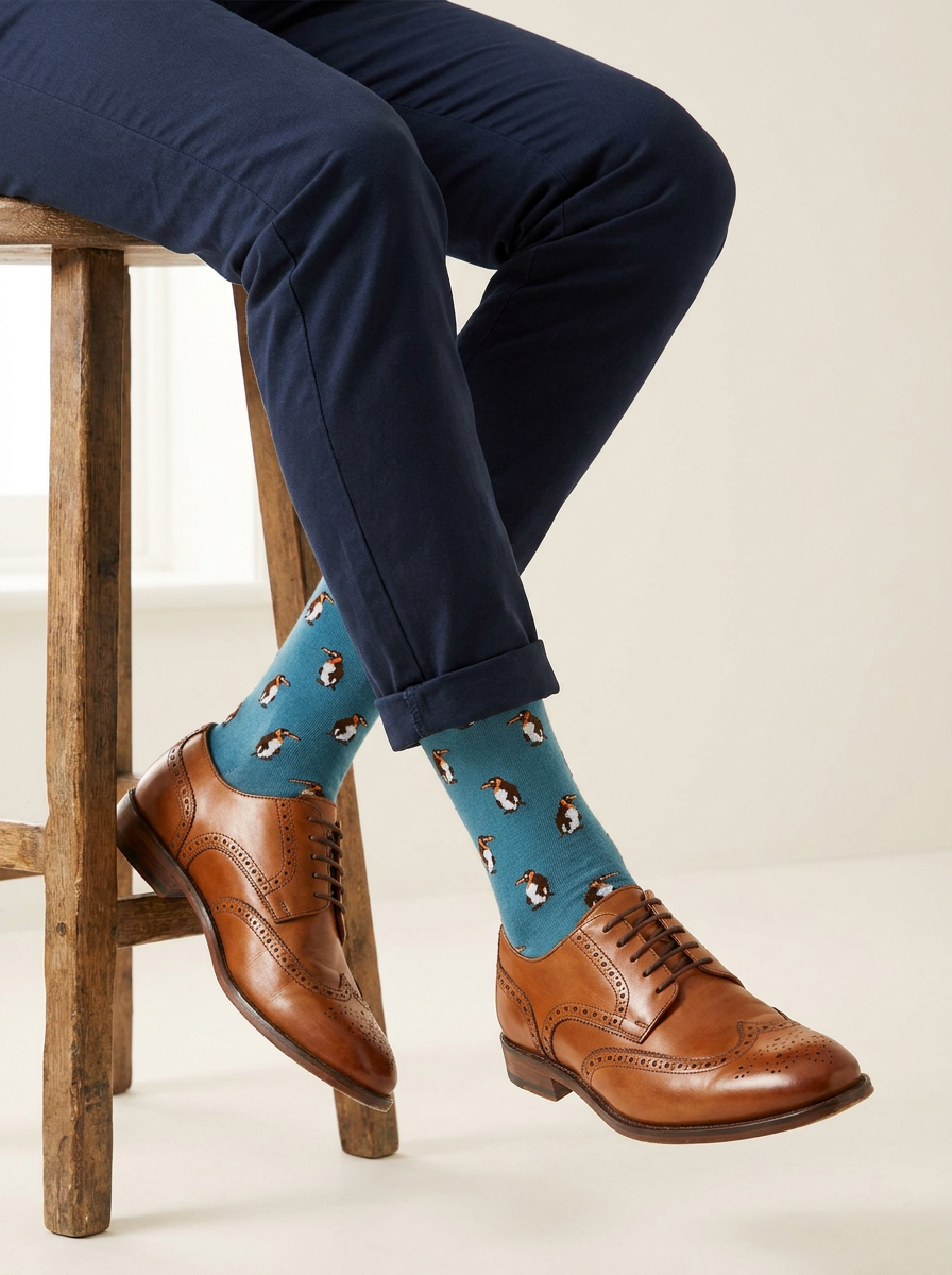 Arctic March Organic Cotton Socks worn with cuffed navy chinos and tan brogues