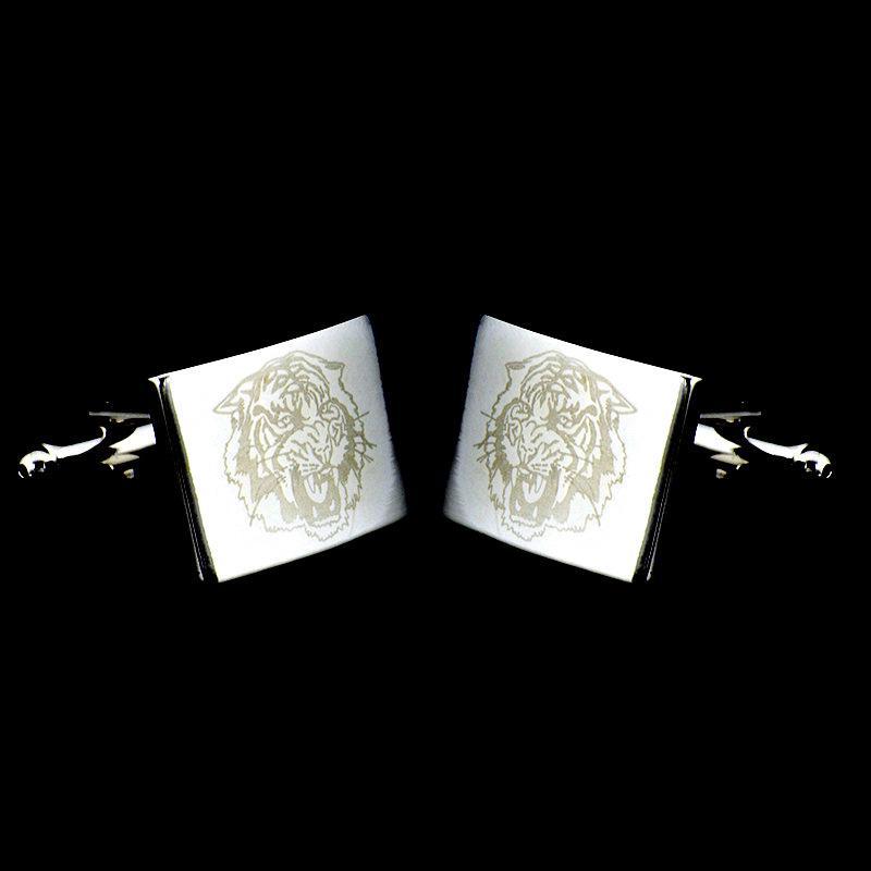 Etched Tiger Face Cufflinks in Silver-Tone Copper
