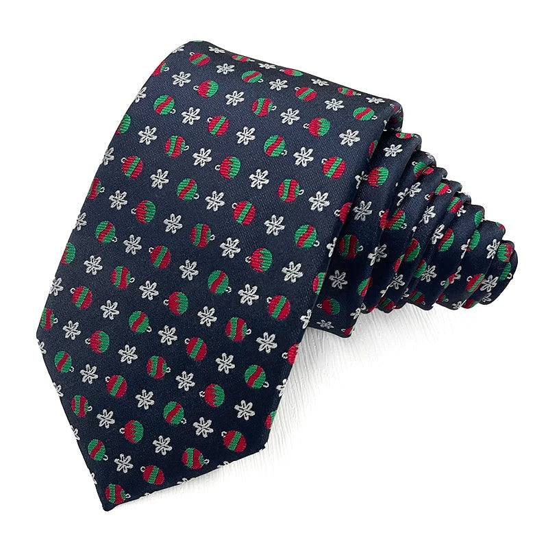 Baubles and Snowflakes Navy Christmas tie - navy polyester tie woven with red and green baubles and silver snowflakes
