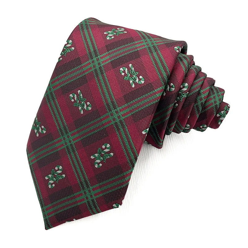 Candy Cane Check Burgundy Christmas tie - burgundy check polyester tie with woven crossed candy canes