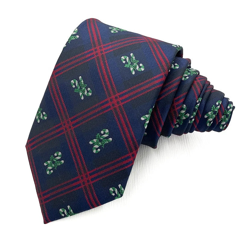 Candy Cane Check Navy Christmas tie - navy check polyester tie with woven crossed candy canes