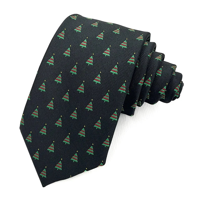 Christmas Tree Black tie - black polyester tie woven with green and red fir trees and gold stars
