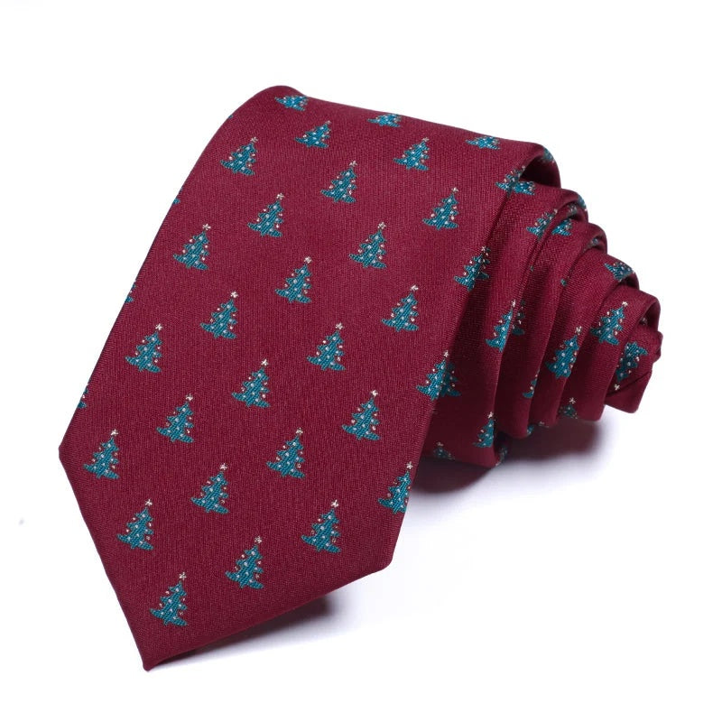 Christmas Tree Burgundy tie - burgundy polyester tie woven with teal fir trees and gold stars