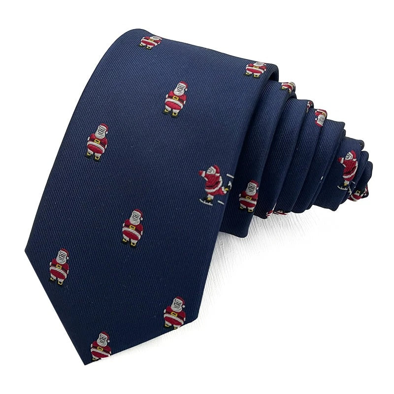 Father Christmas Navy tie - navy ribbed polyester tie woven with small Father Christmas figures