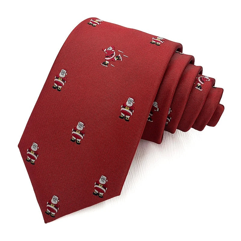 Father Christmas Red tie - red ribbed polyester tie woven with small Father Christmas figures