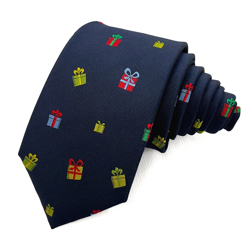 Gift Boxes Navy Christmas tie - navy polyester tie woven with red, green and gold wrapped presents