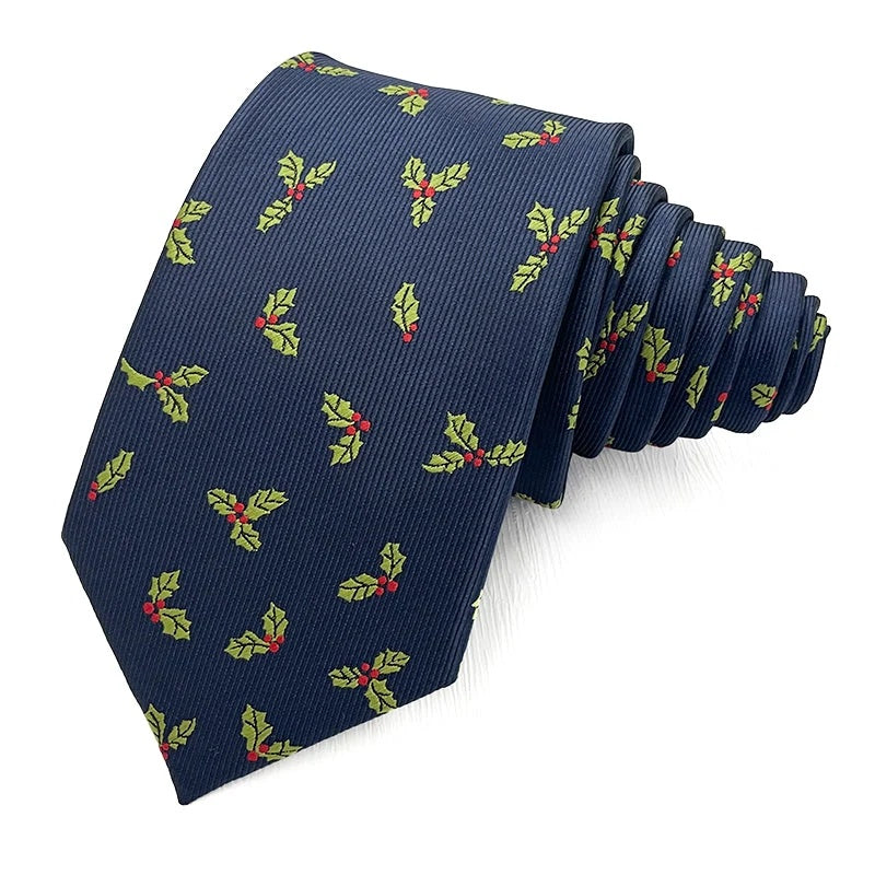Holly and Berry Navy Christmas tie - navy polyester tie woven with green holly leaves and red berries