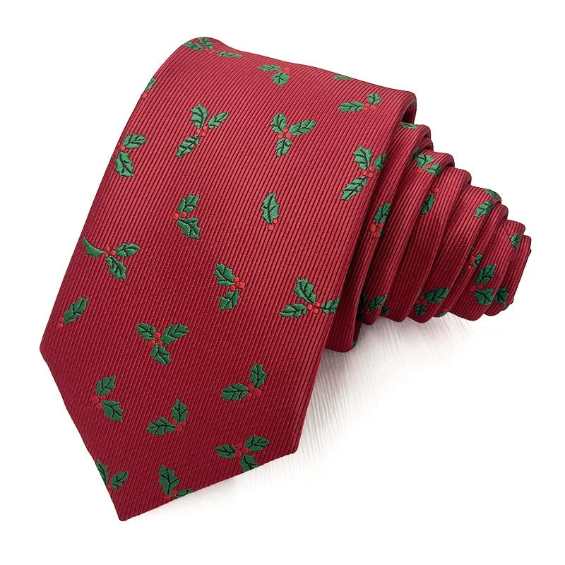 Holly and Berry Red Christmas tie - red polyester tie woven with green holly leaves and berries