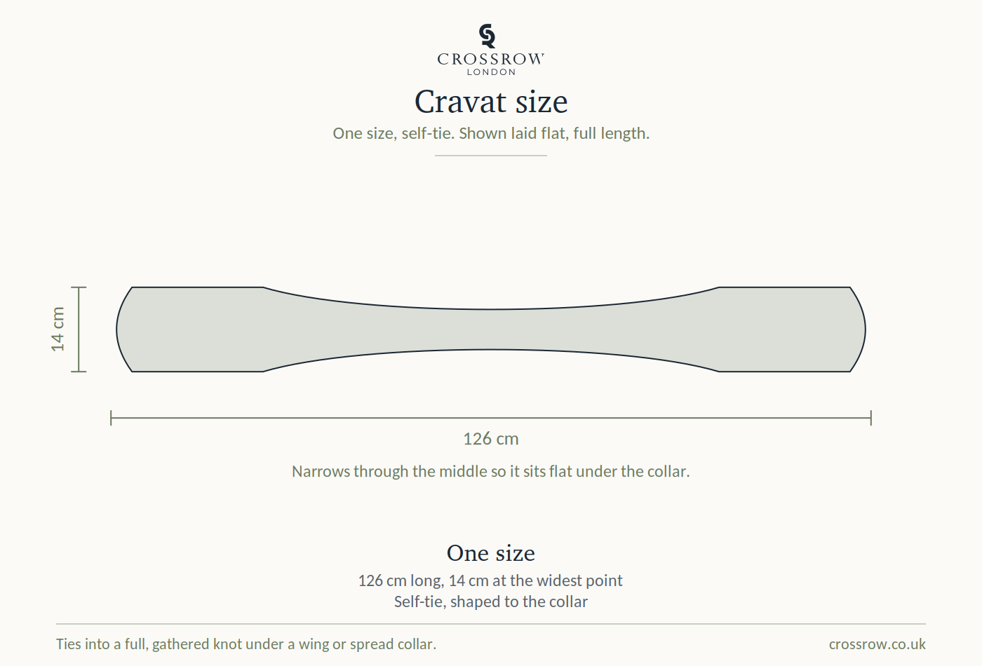 Crossrow London cravat size guide showing measurements for each size