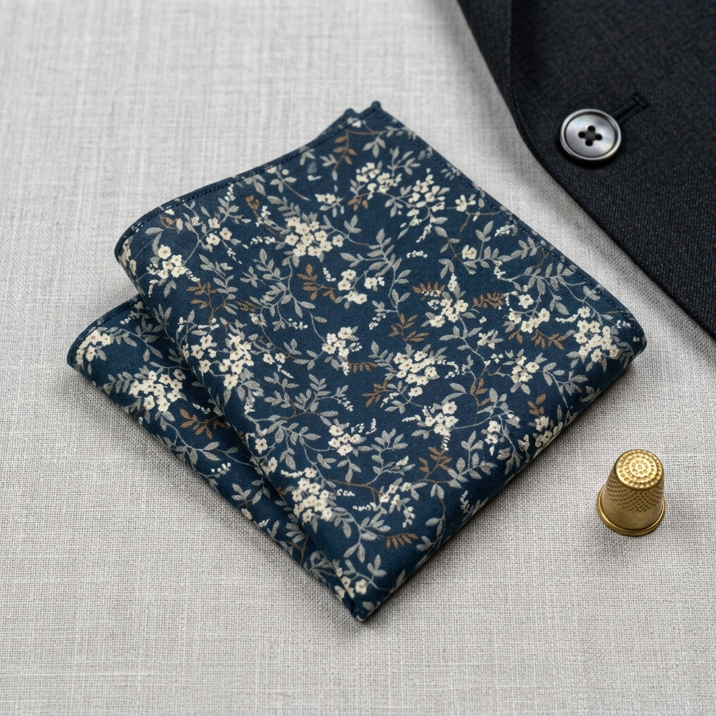 A folded navy blue pocket square with a delicate white and beige floral pattern, styled on a textured light gray linen surface next to a dark suit jacket and a gold thimble.