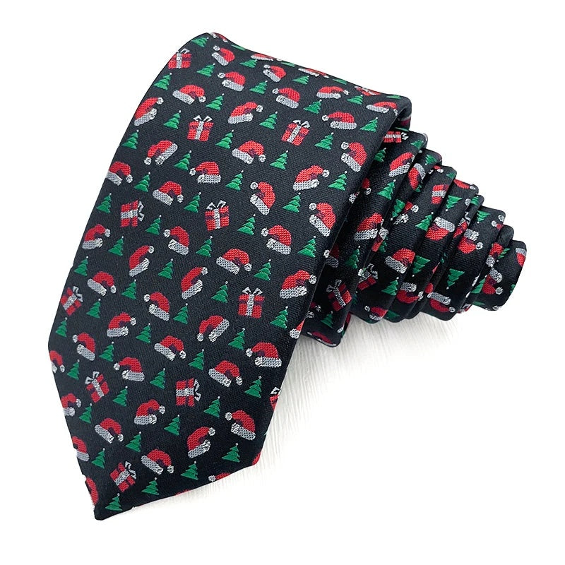 Santa Hats Black Christmas tie - black polyester tie covered in red Santa hats, green trees and gift boxes