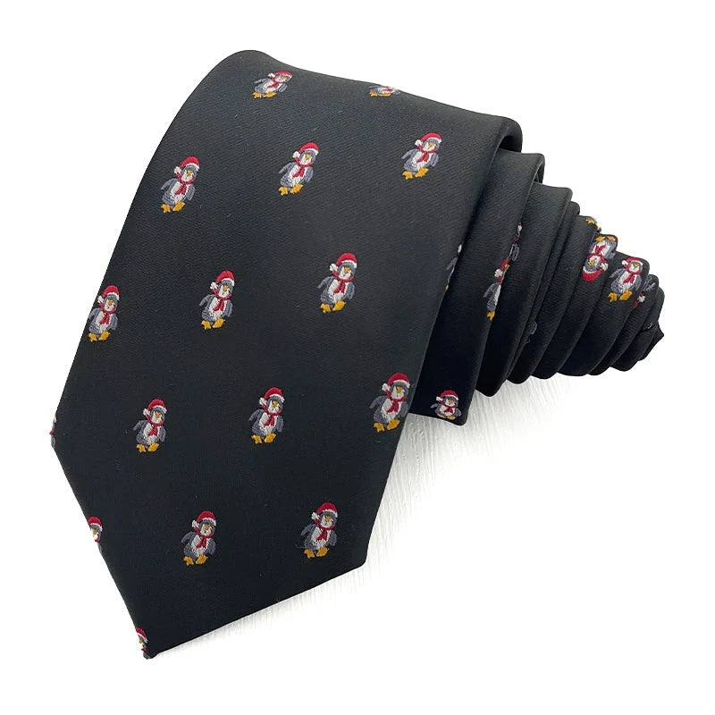 Santa Penguin Black Christmas tie - black polyester tie woven with penguins in red Santa hats and scarves