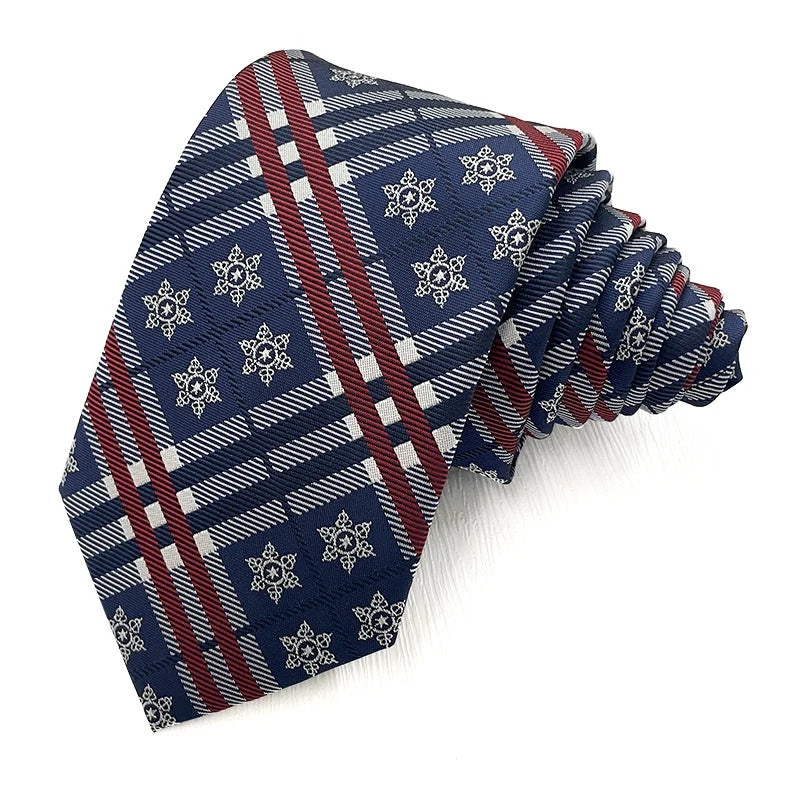 Snowflake Check Navy Christmas tie - navy check polyester tie with woven white snowflake medallions