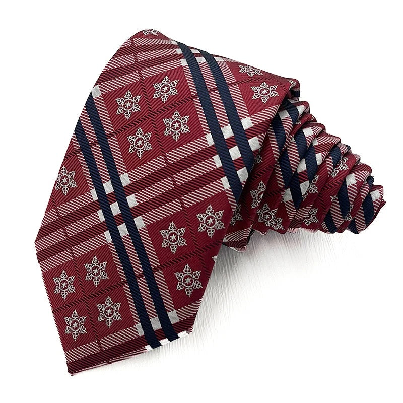 Snowflake Check Red Christmas tie - red check polyester tie with woven white snowflake medallions