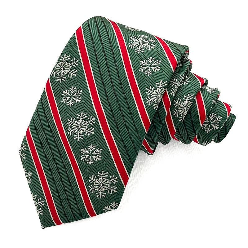 Snowflake Stripe Green Christmas tie - green striped polyester tie with woven white snowflakes and red stripes