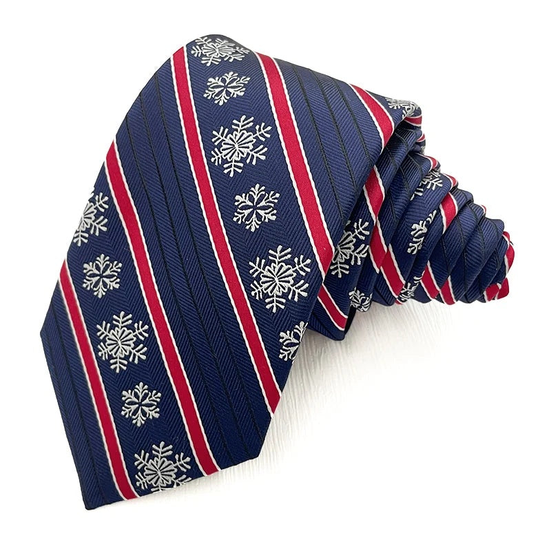 Snowflake Stripe Navy Christmas tie - navy striped polyester tie with woven white snowflakes and red stripes