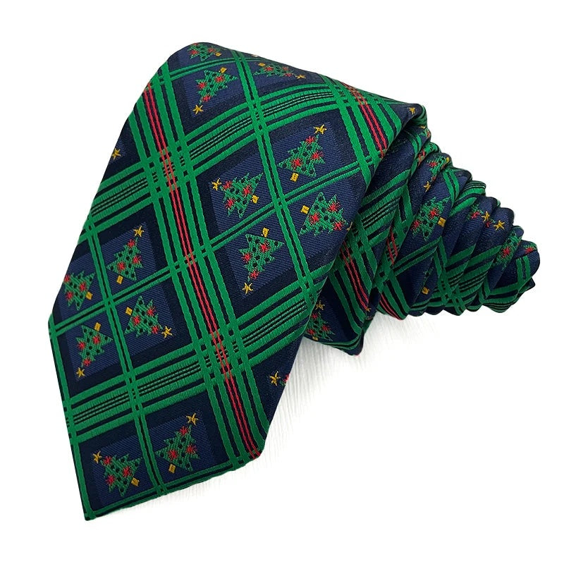 Tartan Tree Green Christmas tie - green tartan polyester tie with a woven fir tree in every square