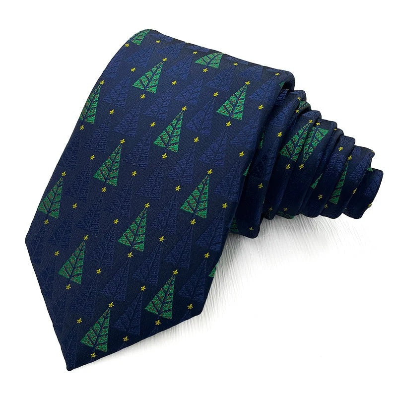 Winter Forest Navy Christmas tie - navy polyester tie with tone-on-tone fir trees, green highlights and gold stars